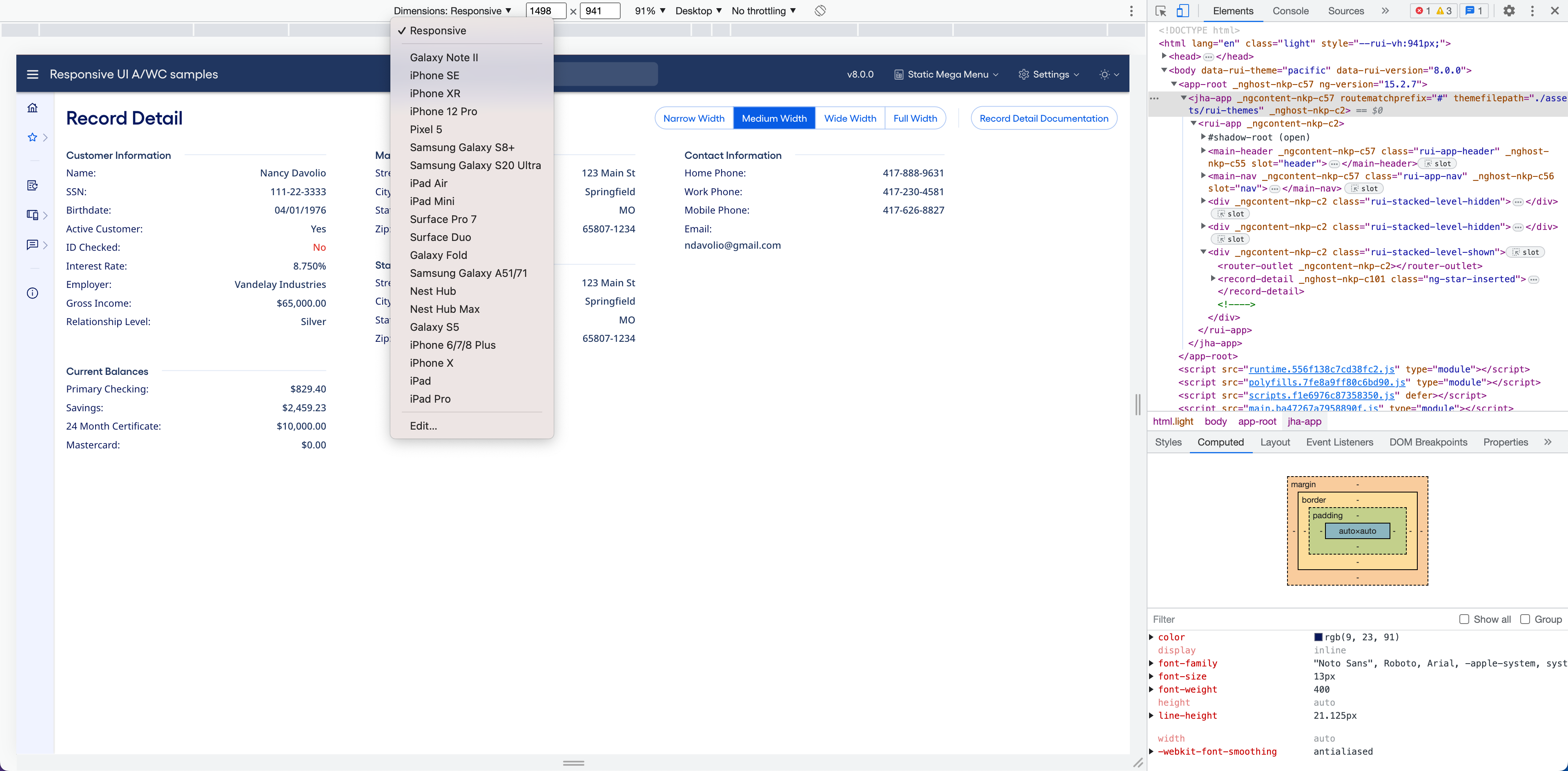 Menu in Chrome's developer tools offering several options for device sizes with which to test your application