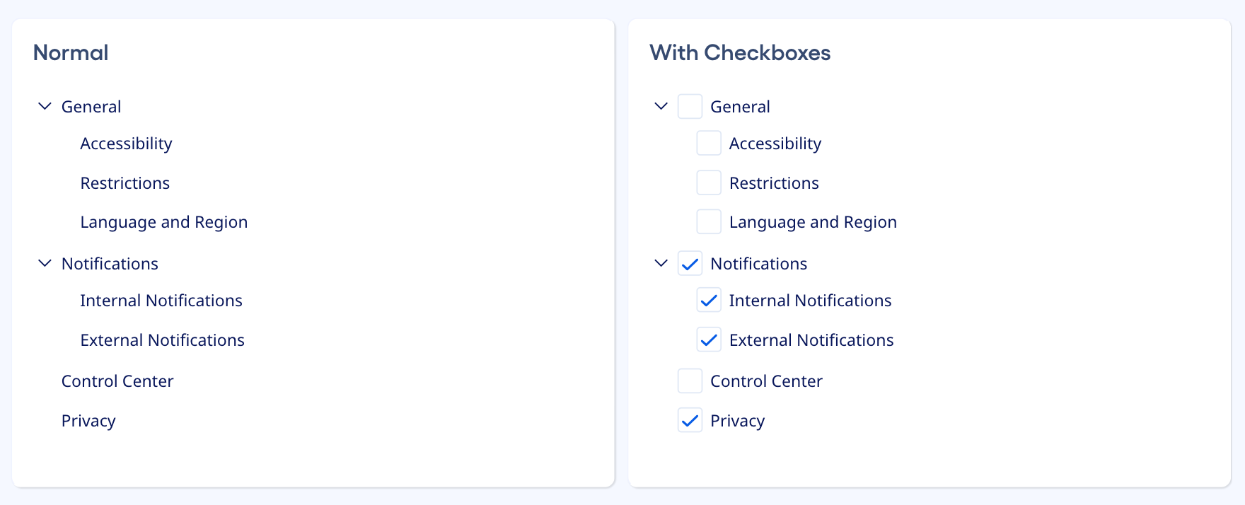 A set of tree view nodes, shown normal and with checkboxes