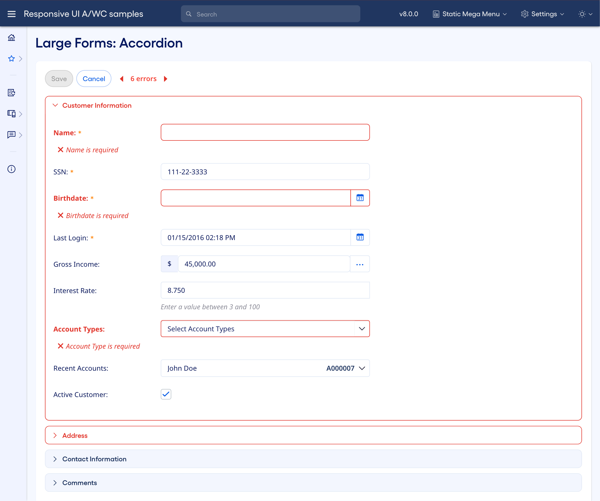 Large form that uses accordion group boxes shown with validation errors