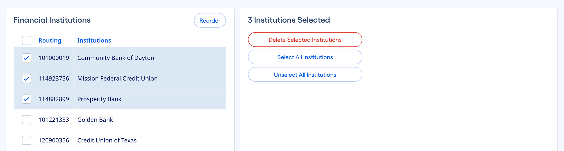 Example of multiple items selected in the master list
