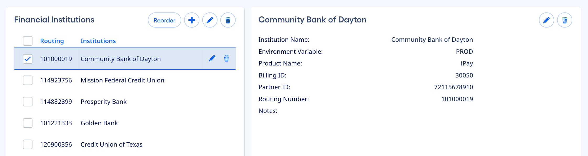 Example of one item selected in the master list