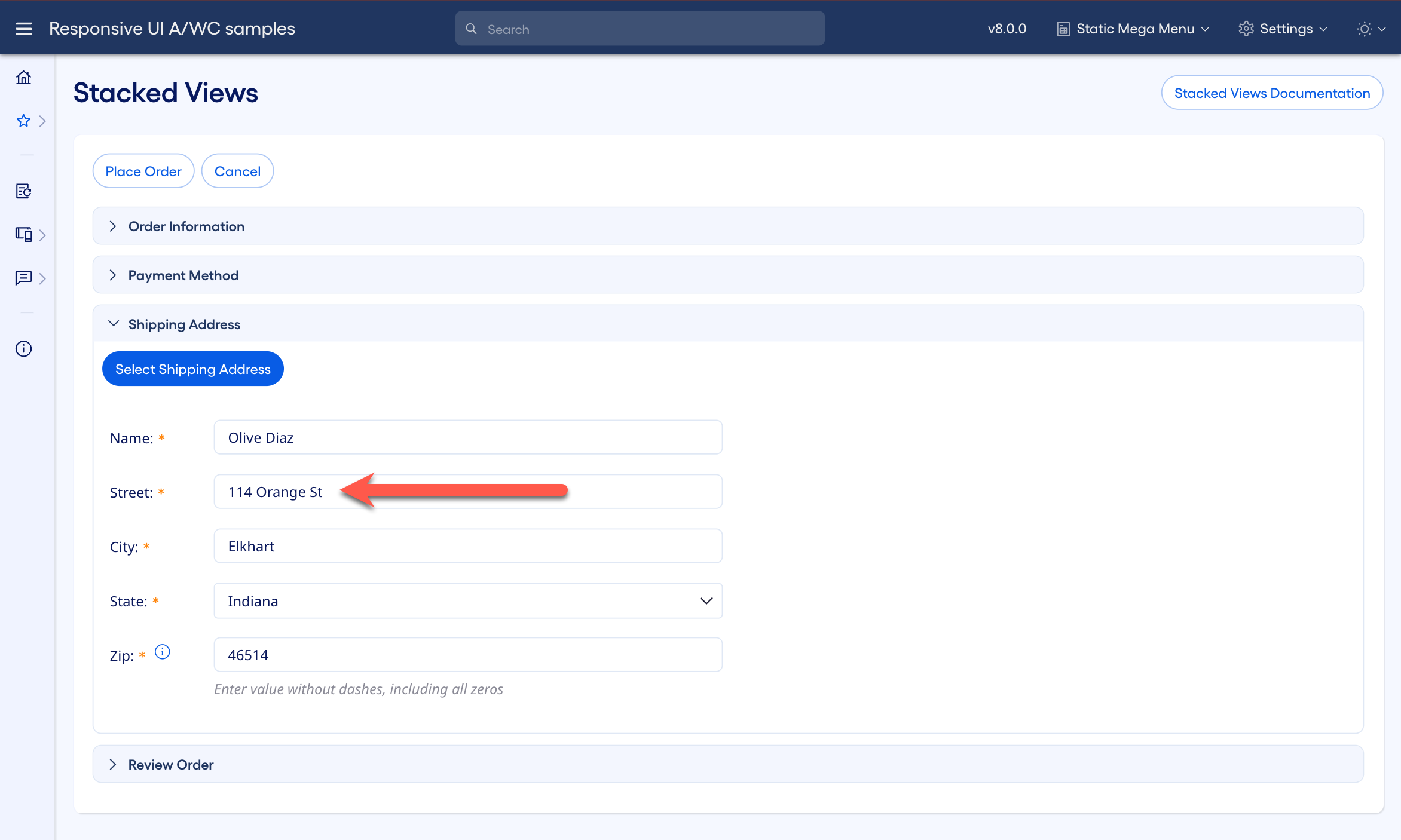 Example, after selecting an address